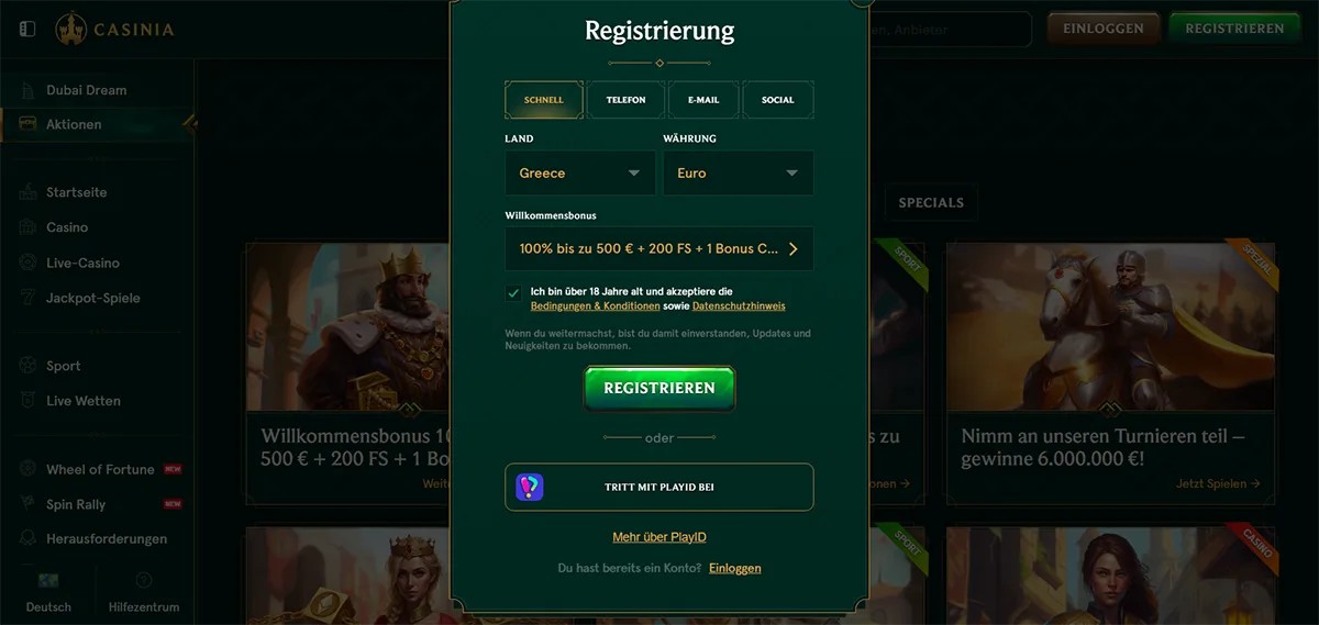 Casinia casino registration window in German showing quick sign-up options, country set to Greece, currency set to Euro, a welcome bonus of 100% up to €500 plus 200 free spins, age and terms acceptance checkbox, a green “Registrieren” button, and PlayID registration option on a dark green casino interface.