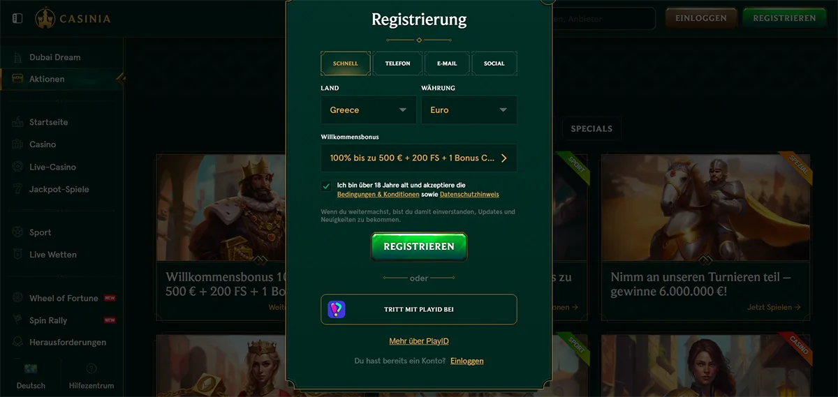 Casinia casino registration window in German showing quick sign-up options, country set to Greece, currency set to Euro, a welcome bonus of 100% up to €500 plus 200 free spins, age and terms acceptance checkbox, a green “Registrieren” button, and PlayID registration option on a dark green casino interface.
